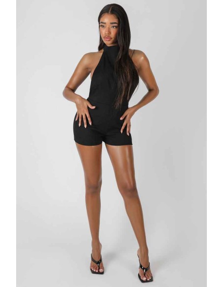 Sleeveless Short Ribbed Backless Unitard Black