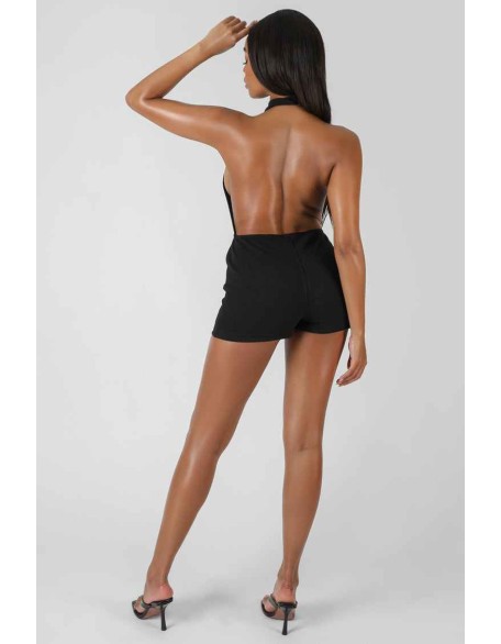 Sleeveless Short Ribbed Backless Unitard Black