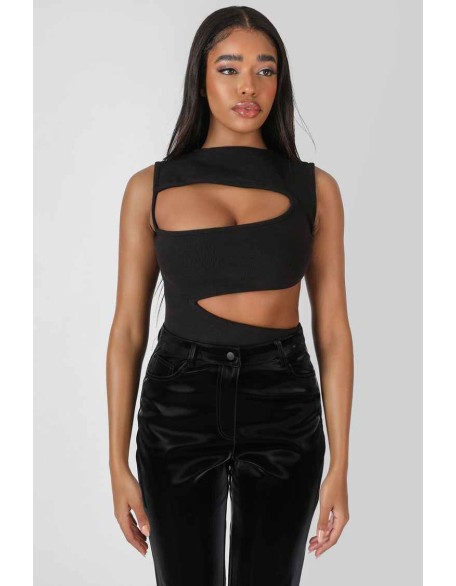 Asymmetric Cut Away Bodysuit Black