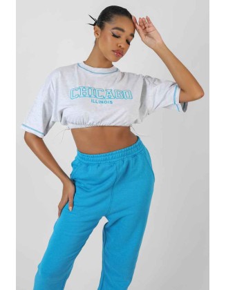 Chicago Elasticated Hem Cropped T-Shirt Oatmeal Marl