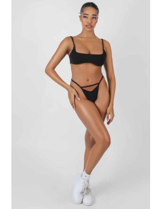 Cut Out V Front Thong Black