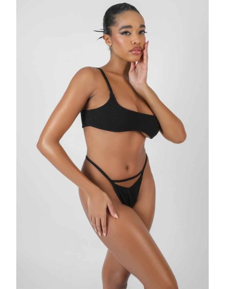Cut Out V Front Thong Black