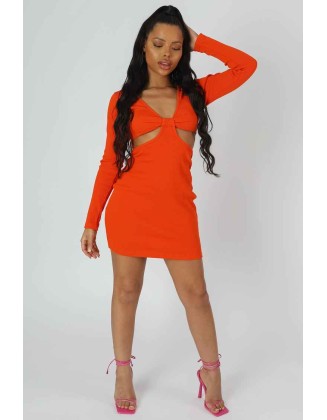 Waist Cut Out Long Sleeve Mini Dress Orange