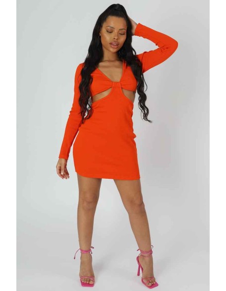 Waist Cut Out Long Sleeve Mini Dress Orange