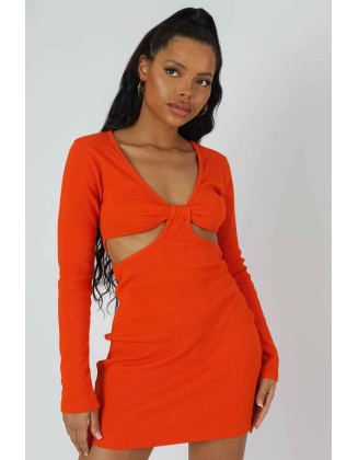 Waist Cut Out Long Sleeve Mini Dress Orange