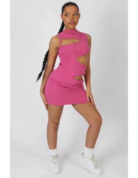 Asymmetric Cut Away Mini Dress Magenta