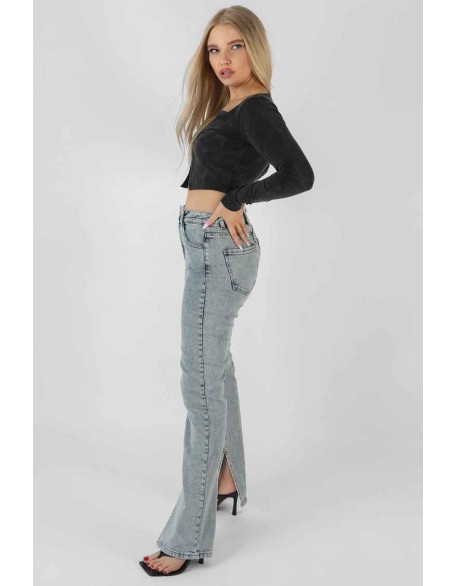 Long Sleeve Bullring Detail Crop Top Black