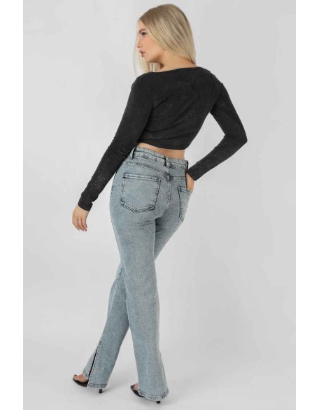Long Sleeve Bullring Detail Crop Top Black