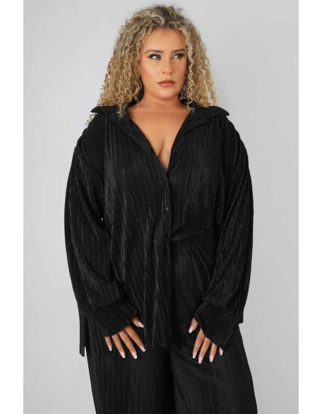 Curve Oversized Plisse Shirt Black