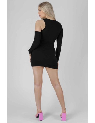 Asymmetric Button Detail Mini Dress Black