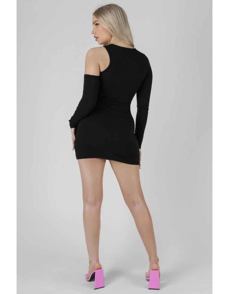 Asymmetric Button Detail Mini Dress Black