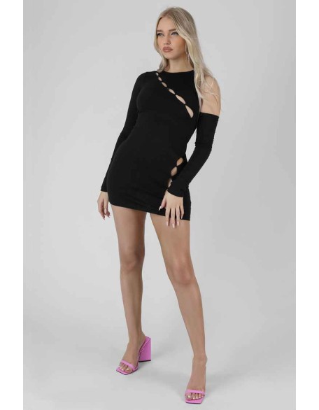Asymmetric Button Detail Mini Dress Black