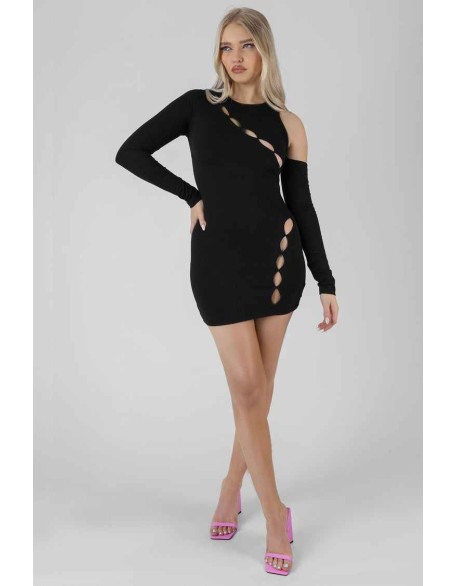 Asymmetric Button Detail Mini Dress Black