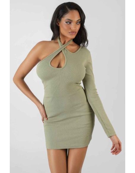 One Sleeve Cross Strap Asymmetric Mini Dress Sage