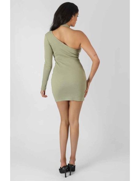 One Sleeve Cross Strap Asymmetric Mini Dress Sage