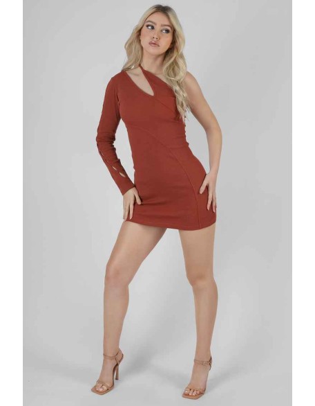 One Shoulder Button Sleeve Mini Dress