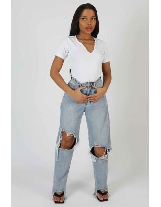 Knotch Front Short Sleeve Ribbed Bodysuit White