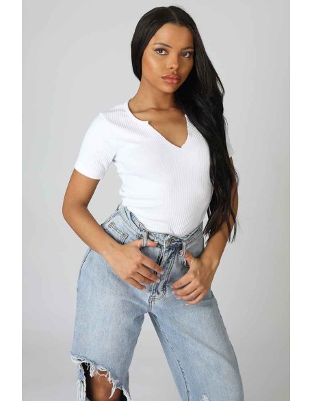 Knotch Front Short Sleeve Ribbed Bodysuit White