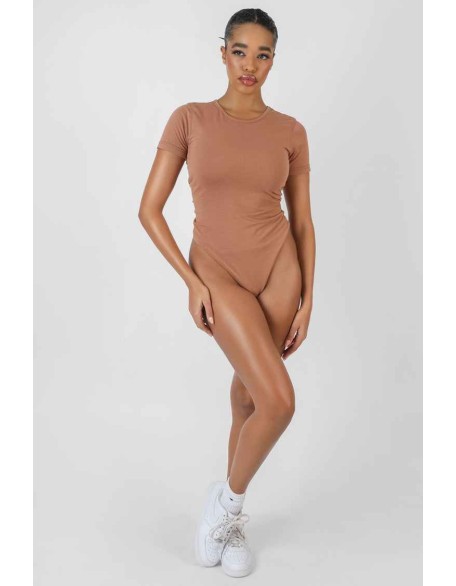 Crew Neck Cap Sleeve Tshirt Bodysuit Camel