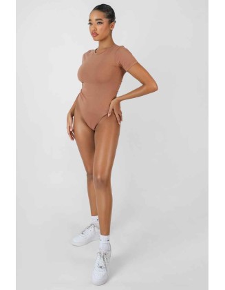 Crew Neck Cap Sleeve Tshirt Bodysuit Camel