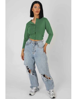 Button Front Long Sleeve Crop Top Khaki