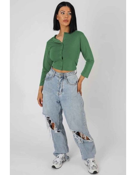 Button Front Long Sleeve Crop Top Khaki