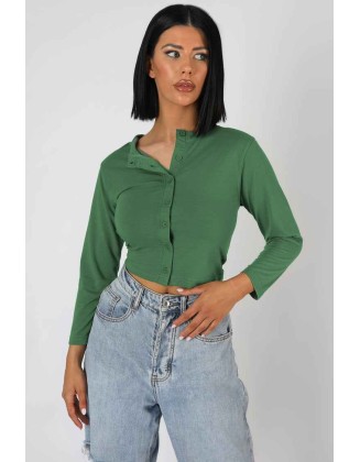 Button Front Long Sleeve Crop Top Khaki