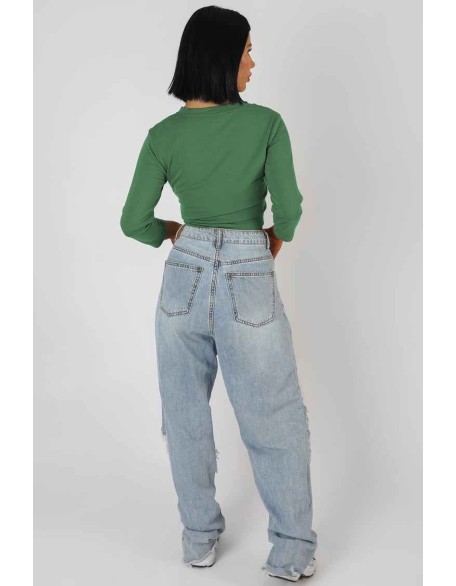 Button Front Long Sleeve Crop Top Khaki
