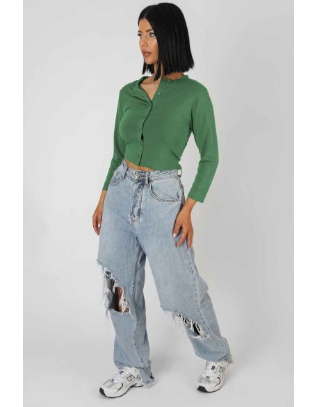 Button Front Long Sleeve Crop Top Khaki