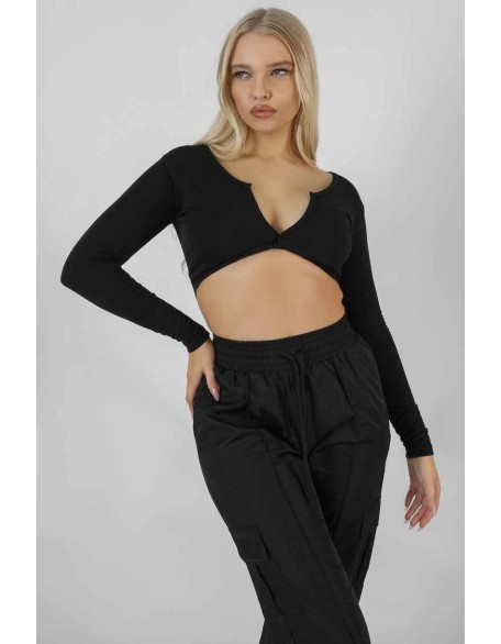 Twist Front Long Sleeve Crop Top Black