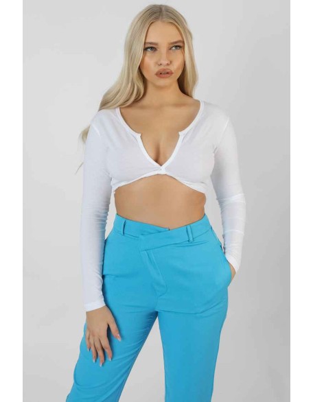 Twist Front Long Sleeve Crop Top White