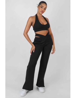 Super Cropped Halter Neck Ribbed Crop Top Black
