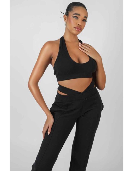 Super Cropped Halter Neck Ribbed Crop Top Black