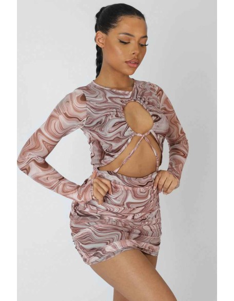 Printed Mesh Cut Out Ruched Mini Dress Brown