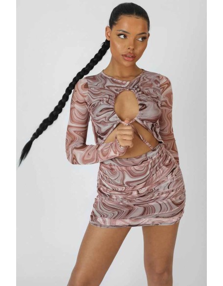 Printed Mesh Cut Out Ruched Mini Dress Brown