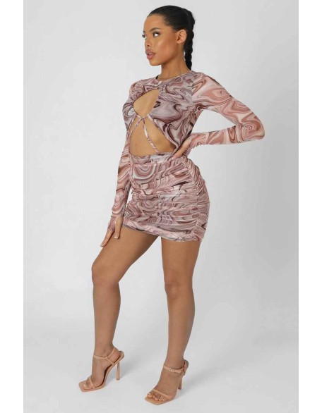 Printed Mesh Cut Out Ruched Mini Dress Brown
