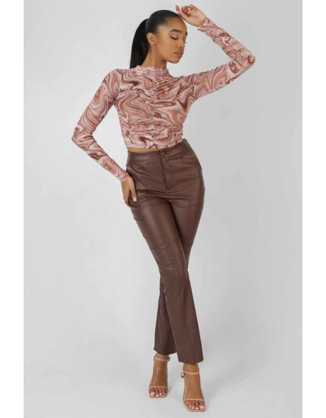 Printed Mesh Ruched Front Crop Top Brown