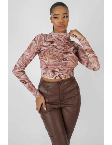 Printed Mesh Ruched Front Crop Top Brown