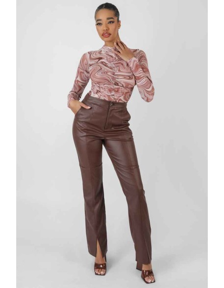 Printed Mesh High Neck Bodysuit Brown