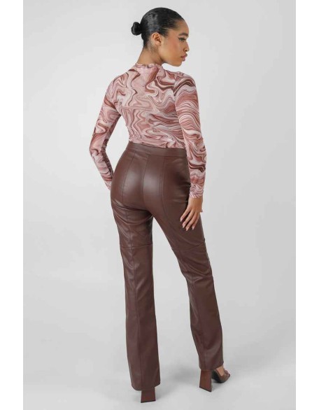 Printed Mesh High Neck Bodysuit Brown