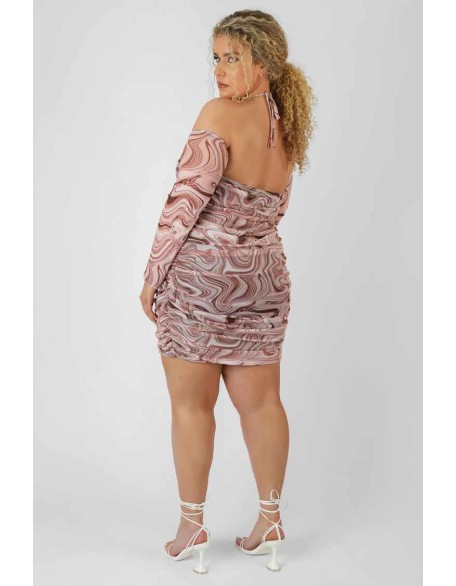 Curve Printed Mesh Ruched Bardot Dress Brown