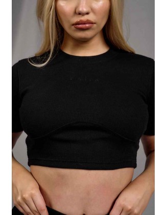 Athleisure Underbust Ribbed Fitted Cropped T-Shirt Black
