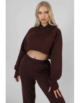 Embroidered Cropped Hoodie Dark Brown