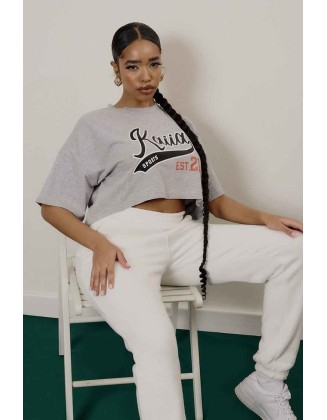 Varsity Embroidery Cropped T-Shirt Grey Marl