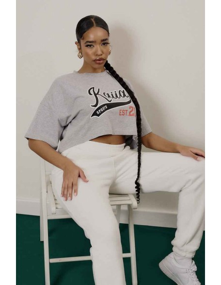 Varsity Embroidery Cropped T-Shirt Grey Marl