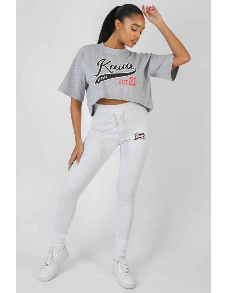 Varsity Embroidery Cropped T-Shirt Grey Marl