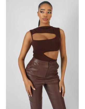 Asymmetric Cut Away Bodysuit Chocolate