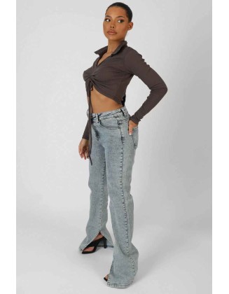 Long Sleeve Collar Ruched Top Taupe