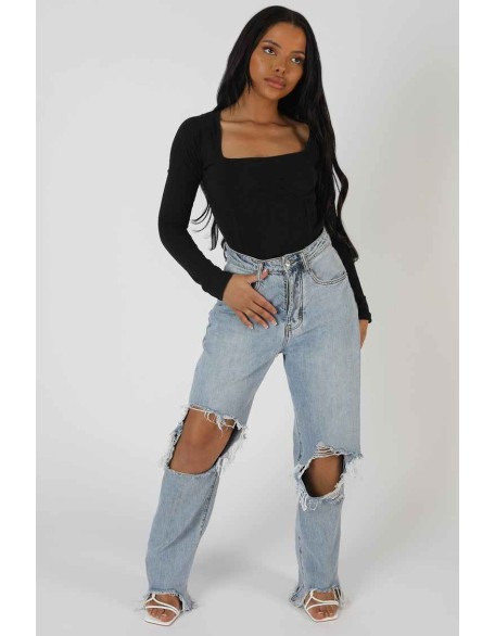 Underbust Seam Square Neck Bodysuit Black