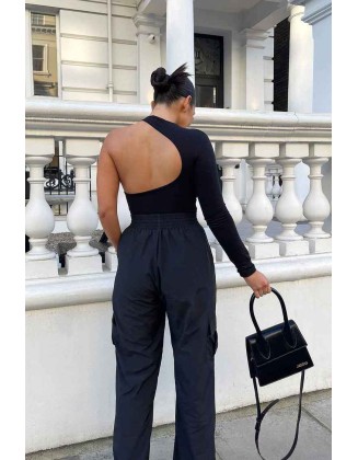 One Sleeve Asymmetric Bodysuit Black